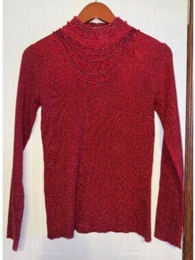 Vintage Once Again Red Metallic Sweater With Beaded Neckline Size Small